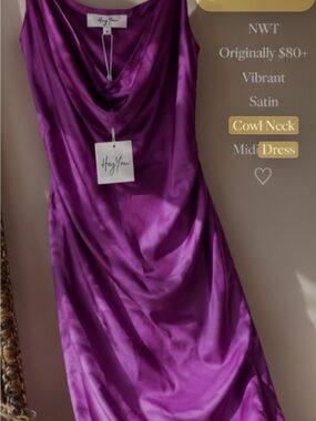 Vibrant Purple Satin Cowl-Neck Midi Dress